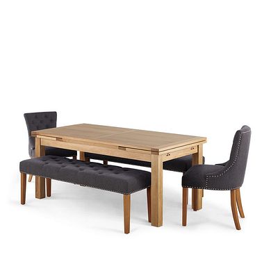 Dorset Natural Solid Oak 6ft Extending Table with 2 Vivien Benches and 2 Vivien Chairs in Grey Fabric