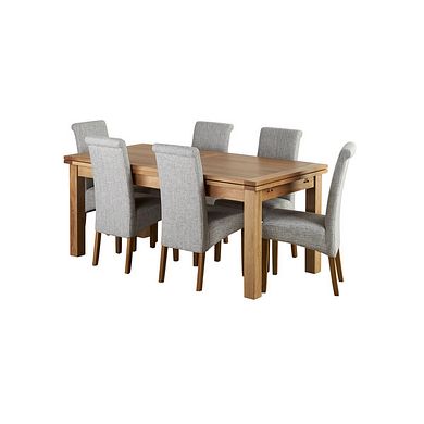 Dorset Natural Solid Oak 6ft Extending Table and 6 Scroll Back Chairs in Grey Fabric