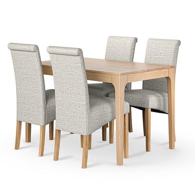 Durham Natural Oak Dining Table + 4 Scroll Back Chairs in Plain Grey Fabric with Solid Oak Legs