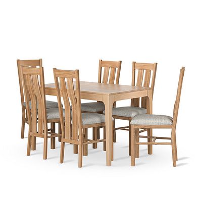 Durham Natural Oak Dining Table + 6 Arched Back Natural Oak Chairs with Plain Grey Fabric Seat