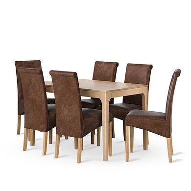 Durham Natural Oak Dining Table + 6 Scroll Back Chair in Vintage Brown Leather Look Fabric with Oak Legs
