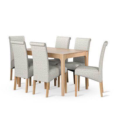 Durham Natural Oak Dining Table + 6 Scroll Back Chairs in Plain Grey Fabric with Solid Oak Legs