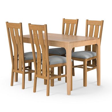 Durham Natural Oak Fixed Dining Table 120cm + 4 Arched Back Natural Solid Oak Chair with Dappled  Silver Fabric Seat