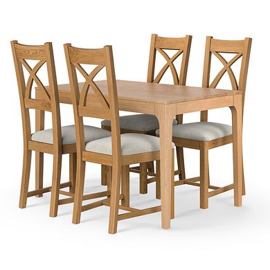 Durham Natural Oak Fixed Dining Table 120cm + 4 Cross Back Natural Solid Oak Chair with Verona Cream Fabric Seat
