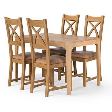 Durham Natural Oak Fixed Dining Table 120cm + 4 Cross Back Natural Solid Oak Chair with Vintage Tan Leather Look Fabric Seat