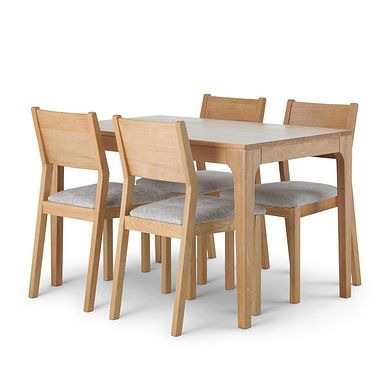 Durham Natural Oak Fixed Dining Table 120cm + 4 Ellison Oak Chair with Brooklyn Quill Grey Crushed Chenille Seat