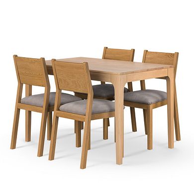 Durham Natural Oak Fixed Dining Table 120cm + 4 Ellison Oak Chair with Dappled Beige Fabric Seat