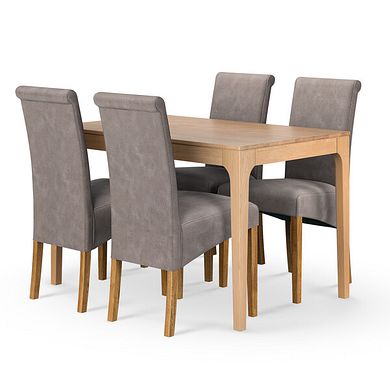 Durham Natural Oak Fixed Dining Table 120cm + 4 Scroll Back Chair in Dappled Beige Fabric with Solid Oak Legs