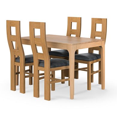 Durham Natural Oak Fixed Dining Table 120cm + 4 Wave Back Natural Solid Oak Chair with Vintage Black Leather Look Fabric Seat