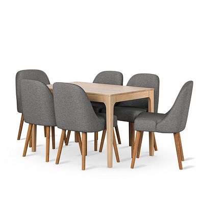 Durham Natural Oak Dining Table + 6 Bette Upholstered Chairs in Grey Fabric