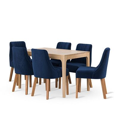 Durham Natural Oak Dining Table + 6 Marlene Upholstered Chairs with Oak Legs in Midnight Velvet