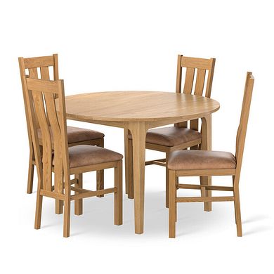 Durham Natural Oak Round Dining Table 120cm + 4 Arched Back Natural Solid Oak Chair with Vintage Tan Leather Look Fabric Seat