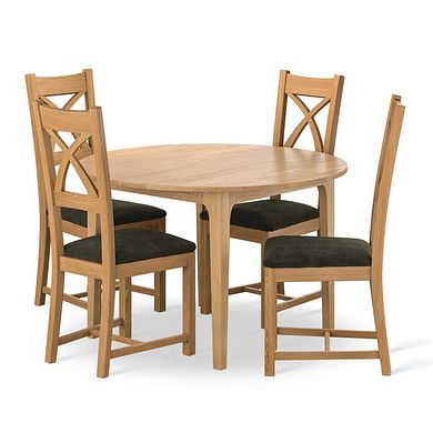 Durham Natural Oak Round Dining Table 120cm + 4 Cross Back Natural Solid Oak Chair with Verona Green Fabric Seat