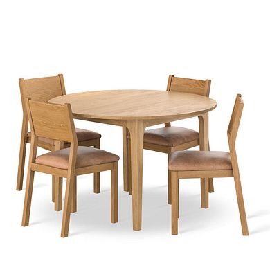 Durham Natural Oak Round Dining Table 120cm + 4 Ellison Oak Chair with Vintage Tan Leather Look Fabric Seat