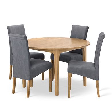 Durham Natural Oak Round Dining Table 120cm + 4 Scroll Back Chair in Dappled Silver Fabric with Solid Oak Legs