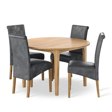 Durham Natural Oak Round Dining Table 120cm + 4 Scroll Back Chair in Vintage Black Leather Look Fabric with Oak Legs