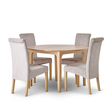 Durham Natural Oak Round Dining Table 120cm + 4 Scroll Back Chairs in Heritage Mink Velvet with Oak Legs