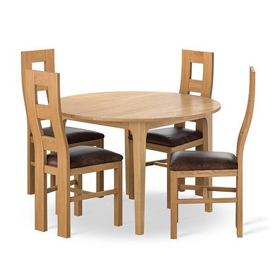 Durham Natural Oak Round Dining Table 120cm + 4 Wave Back Natural Solid Oak Chair with Vintage Brown Leather Look Fabric Seat