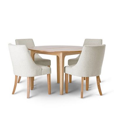 Durham Natural Oak Round Dining Table 120cm + 4 Zola Chairs in Conway Stone Fabric with Oak leg