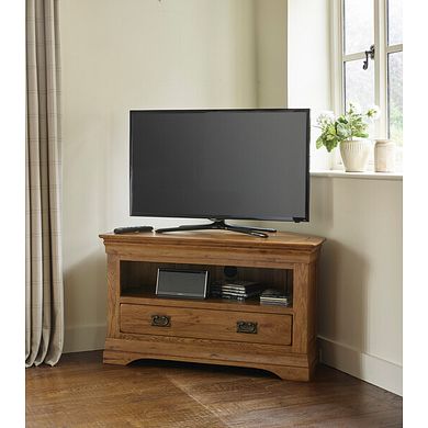 French Farmhouse Rustic Solid Oak Corner TV Cabinet