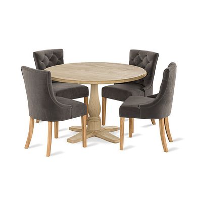 Henley Natural Oak Hardwood Round Dining Table + 4 Isobel Button Back Chairs in Storm Grey Velvet with Natural Oak Legs