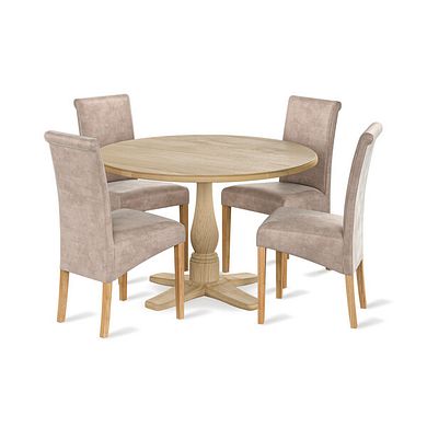 Henley Natural Oak Hardwood Round Dining Table + 4 Scroll Back Chairs in Heritage Mink Velvet with Oak Legs