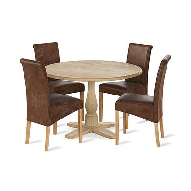 Henley Natural Oak Hardwood Round Dining Table + 4 Scroll Back Chairs in Vintage Brown Leather Look Fabric with Oak Legs