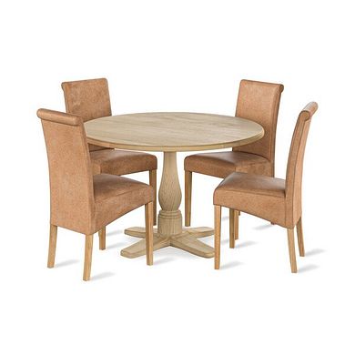 Henley Natural Oak Hardwood Round Dining Table + 4 Scroll Back Chairs in Vintage Tan Leather Look Fabric with Oak Legs