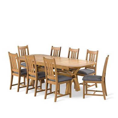 Hercules Natural Extending Dining Table and 8 Classic Natural Oak Chair with Verona Grey Fabric