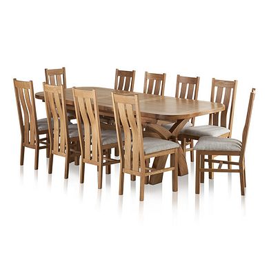 Hercules Natural Oak Extending Dining Table + 10 Arched Back Natural Oak Chairs with Plain Grey Fabric Seat