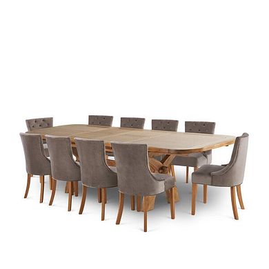 Hercules Natural Oak Extending Dining Table + 10 Isobel Button Back Chairs in Taupe Velvet with Natural Oak Legs