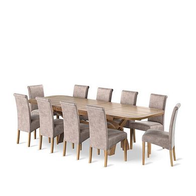 Hercules Natural Oak Extending Dining Table + 10 Scroll Back Chairs in Heritage Mink Velvet with Oak Legs