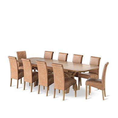 Hercules Natural Oak Extending Dining Table + 10 Scroll Back Chairs in Vintage Tan Leather Look Fabric with Oak Legs