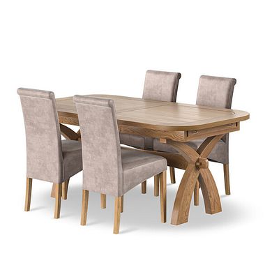 Hercules Natural Oak Extending Dining Table + 4 Scroll Back Chairs in Heritage Mink Velvet with Oak Legs