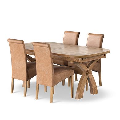 Hercules Natural Oak Extending Dining Table + 4 Scroll Back Chairs in Vintage Tan Leather Look Fabric with Oak Legs
