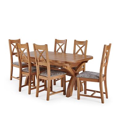 Hercules Natural Oak Extending Dining Table + 6 Cross Back Natural Oak Chairs with Plain Truffle Fabric Seat