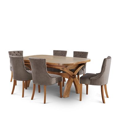 Hercules Natural Oak Extending Dining Table + 6 Isobel Button Back Chairs in Taupe Velvet with Natural Oak Legs