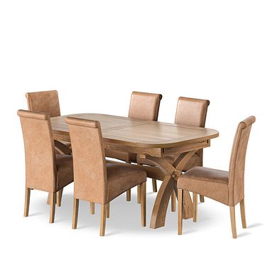Hercules Natural Oak Extending Dining Table + 6 Scroll Back Chairs in Vintage Tan Leather Look Fabric with Oak Legs