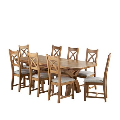 Hercules Natural Oak Extending Dining Table + 8 Cross Back Natural Oak Chairs with Plain Grey Fabric Seat