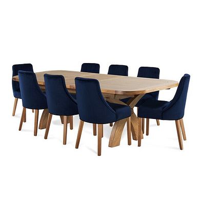 Hercules Natural Oak Extending Dining Table + 8 Marlene Chairs with Oak Legs in Midnight Velvet