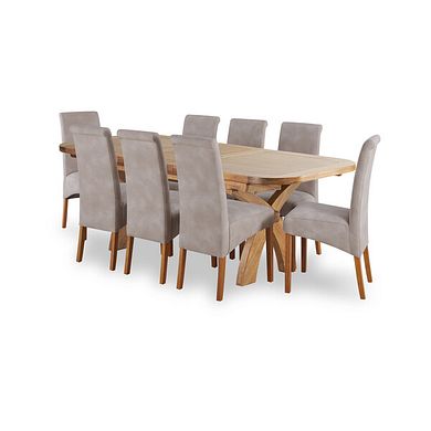 Hercules Natural Oak Extending Dining Table + 8 Scroll Back Chairs in Dappled Beige Fabric with Solid Oak Legs