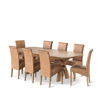 Hercules Natural Oak Extending Dining Table + 8 Scroll Back Chairs in Vintage Tan Leather Look Fabric with Oak Legs