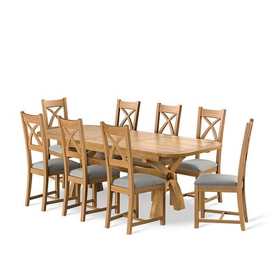 Hercules Natural Oak Extending Dining Table And 8 Cross Backs In Verona Grey 