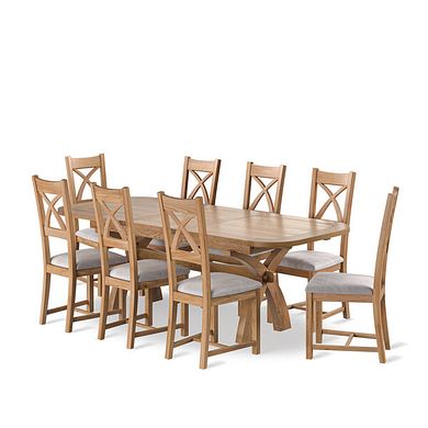 Hercules Natural Oak Extending Dining Table + 8 Cross Back Oak Chairs with Heritage Mink Velvet