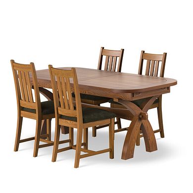Hercules Rustic Extending Dining Table and 4 Classic Rustic Oak Chair with Verona Green Fabric
