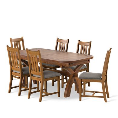 Hercules Rustic Extending Dining Table and 6 Classic Rustic Oak Chair with Verona Mocha Fabric