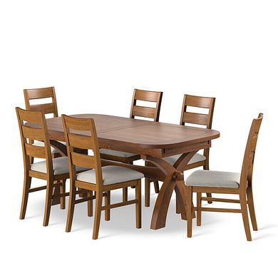 Hercules Rustic Extending Dining Table and 6 Linear Rustic Oak Chair with Verona Cream Fabric