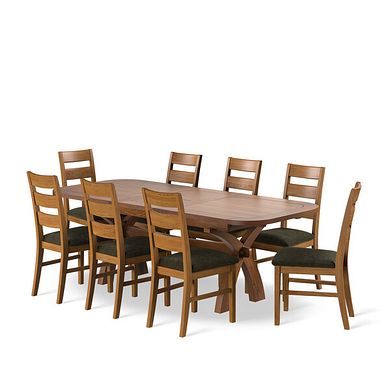 Hercules Rustic Extending Dining Table and 8 Linear Rustic Oak Chair with Verona Green Fabric