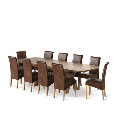 Hercules Rustic Oak Extending Dining Table + 10 Scroll Back Chairs in Vintage Brown Leather Look Fabric with Oak Legs