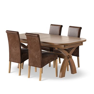 Hercules Rustic Oak Extending Dining Table + 4 Scroll Back Chairs in Vintage Brown Leather Look Fabric with Oak Legs